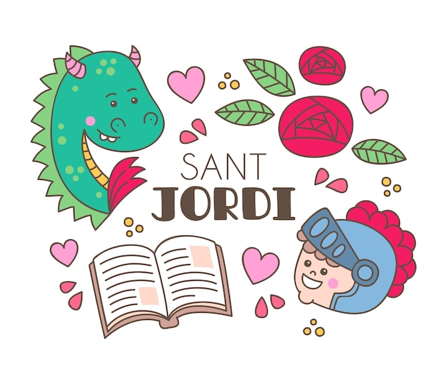 Hand drawn diada de sant jordi illustration with dragon and book