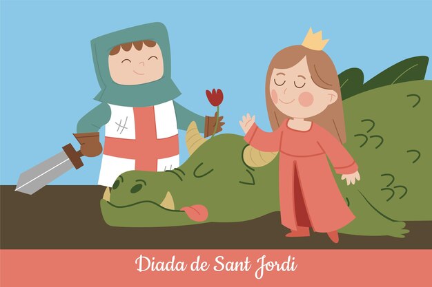 Нарисованная рукой иллюстрация diada de sant jordi с драконом, рыцарем и принцессой