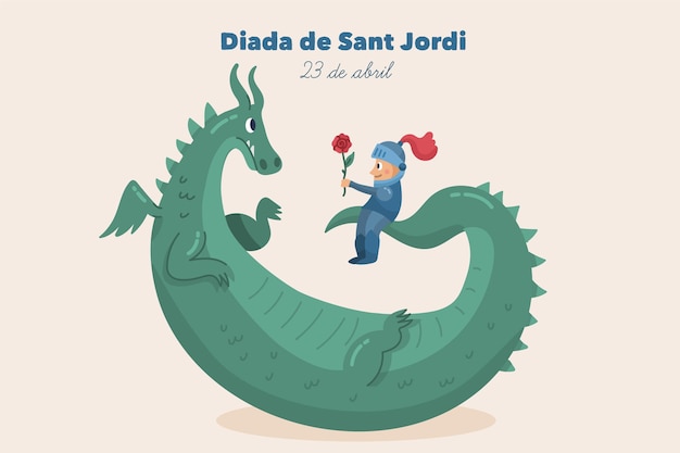 Hand drawn diada de sant jordi illustration with dragon and knight