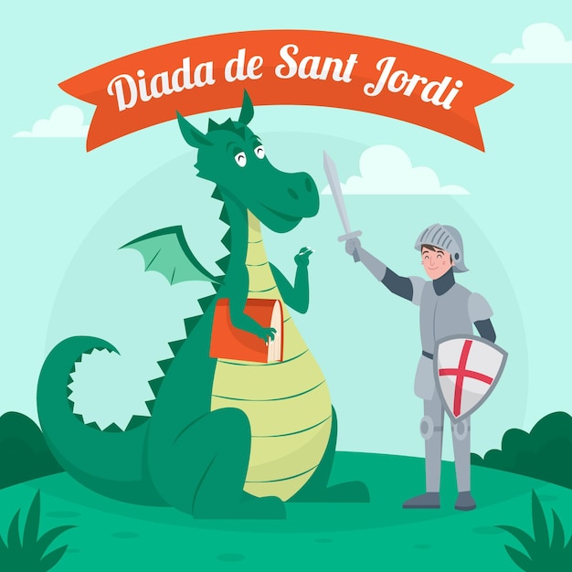 Нарисованная рукой иллюстрация diada de sant jordi с драконом и рыцарем