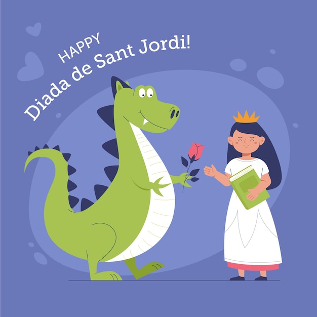 Hand drawn diada de sant jordi illustration with dragon and princess