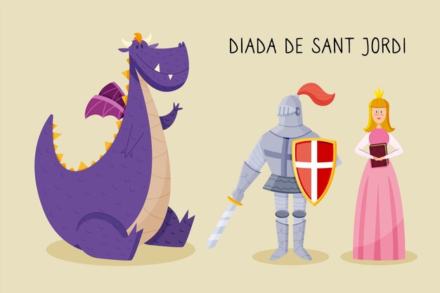 kngiht、ドラゴン、プリンセスと手描きのディアダデサンジョルディのイラスト
