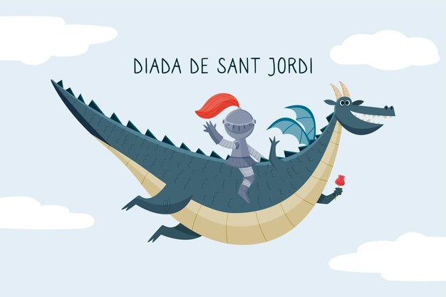 Нарисованная рукой иллюстрация diada de sant jordi с рыцарем, летящим на драконе