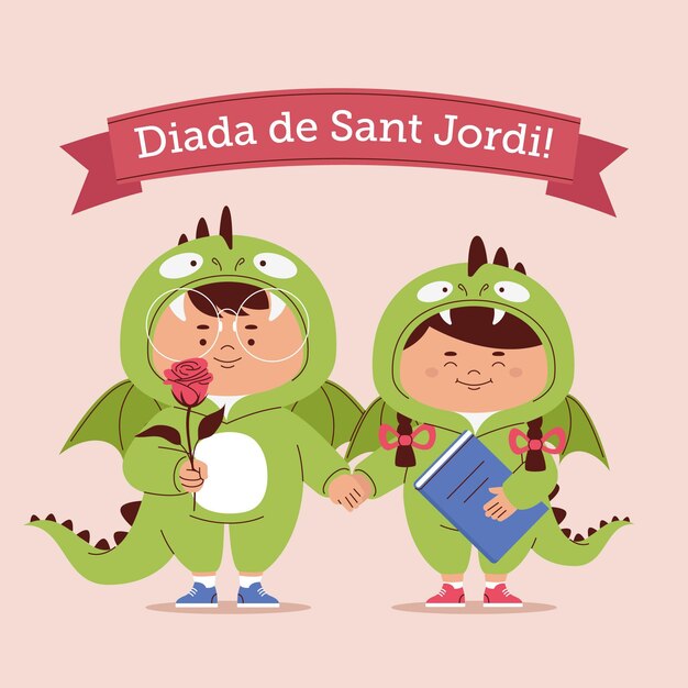 Нарисованная рукой иллюстрация диада де сант джорди с рыцарем и принцессой в костюмах дракона