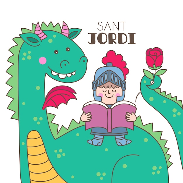 Vettore gratuito illustrazione disegnata a mano di diada de sant jordi con il libro di lettura del cavaliere sul drago