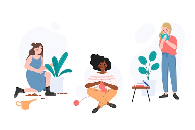 Free vector hand drawn different people practicing a hobby set