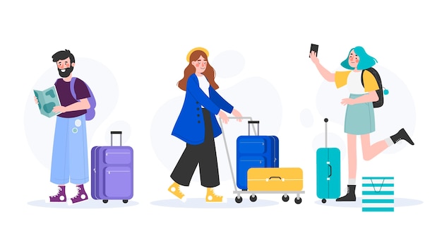 Free vector hand drawn different tourists with their baggage set