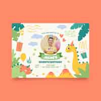 Free vector hand drawn dinosaur birthday invitation template with photo