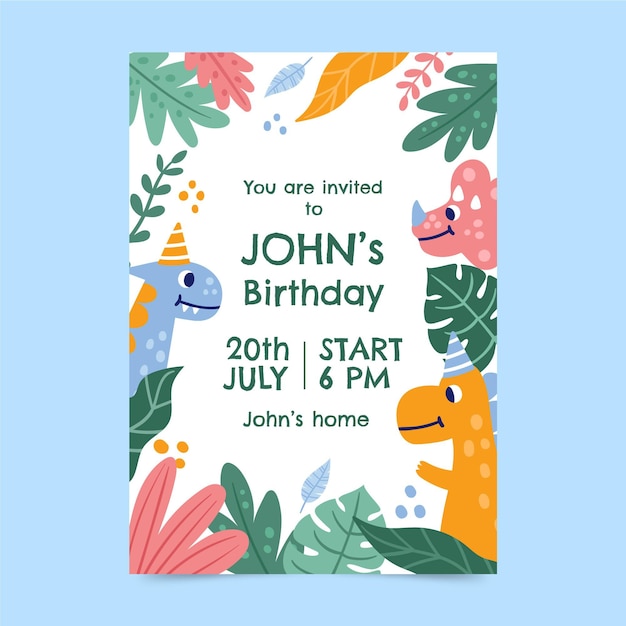 Free vector hand drawn dinosaur birthday invitation template