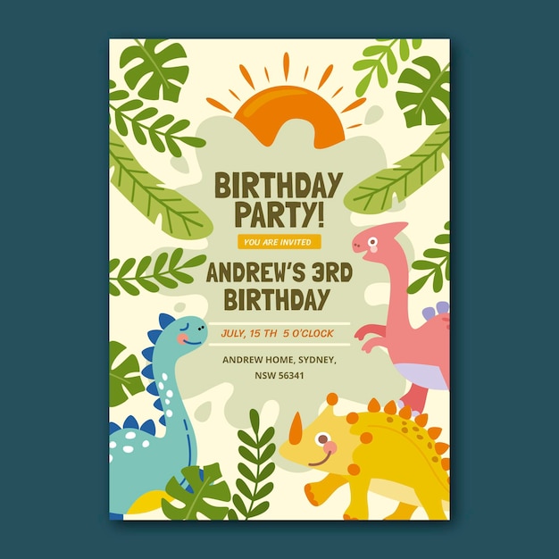Vettore gratuito modello di invito compleanno dinosauro disegnato a mano