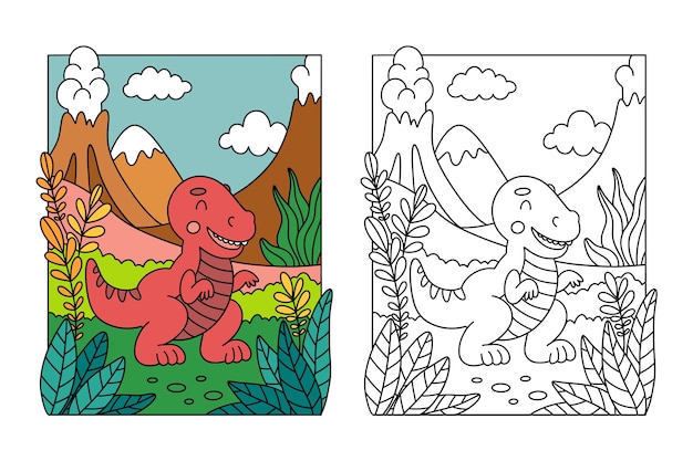 Нарисованная рукой иллюстрация книжки-раскраски динозавра