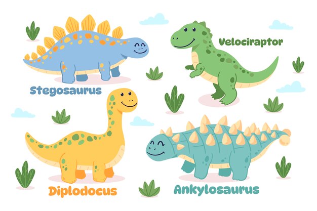 hand drawn dinosaur names element collection
