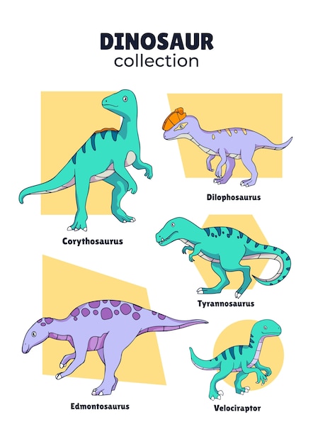 Vettore gratuito collezione di elementi di nomi di dinosauri disegnati a mano