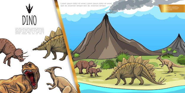 Hand drawn dinosaurs colorful concept with stegosaurus triceratops t-rex parasaurolophus on volcano landscape   illustration