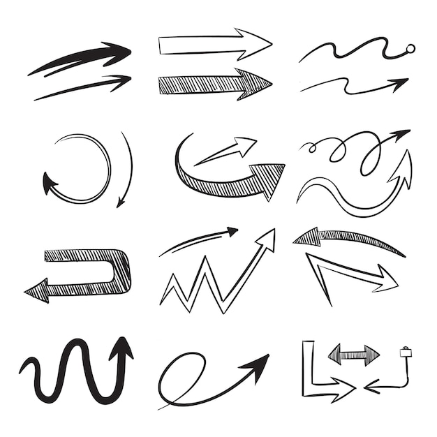 Vettore gratuito frecce direzionali disegnate a mano, set di punte di freccia.