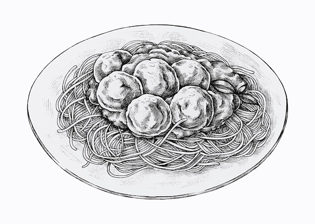 Hand drawn dish of spaghetti with meatballs 