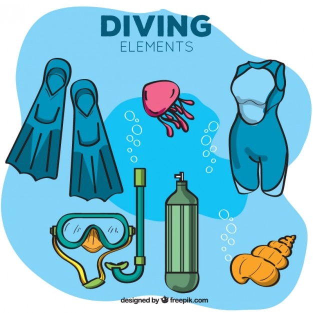 Free vector hand drawn diving equipment under the sea