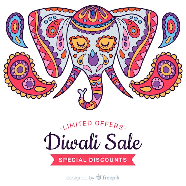 Vendita di diwali disegnata a mano e faccia colorata di un elefante