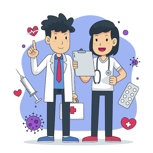 Free vector hand drawn doctors and nurses illustration