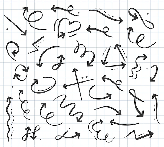 Hand drawn doodle arrow in various directions curly cursor pointers up down left right rotating sign