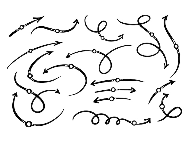 Hand drawn doodle art vector curved arrow modern set