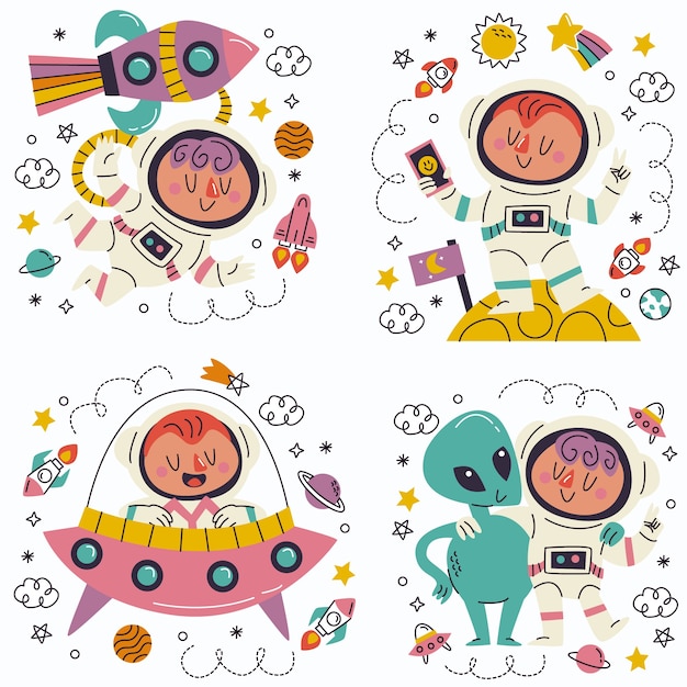 Insieme dell'autoadesivo dell'astronauta di doodle disegnato a mano