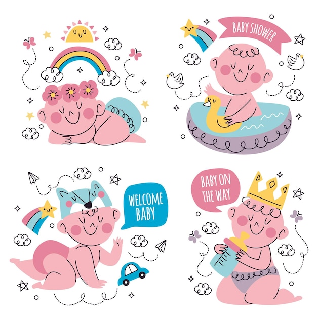Free vector hand drawn doodle baby shower sticker collection