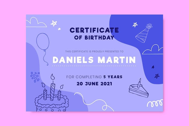 Certificato di compleanno doodle disegnato a mano