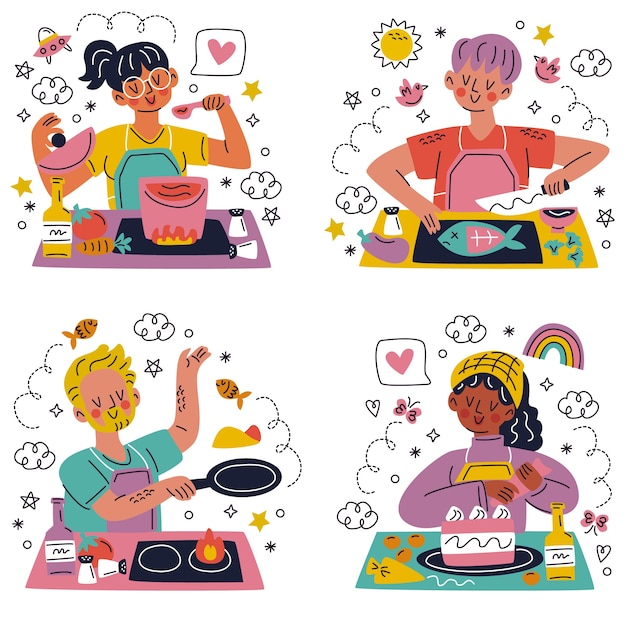 Free vector hand drawn doodle cooking stickers sticker set