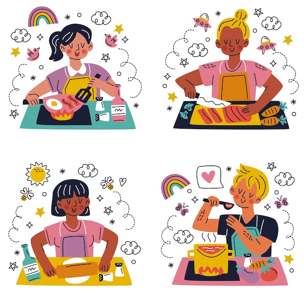 Hand drawn doodle cooking stickers sticker set