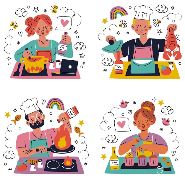 Free vector hand drawn doodle cooking stickers sticker set