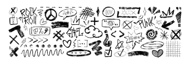 無料Vector 手描きのドゥードル クレヨン 粗いパンクのシンボル チョーク 筆 演説 泡 炭のステッカー