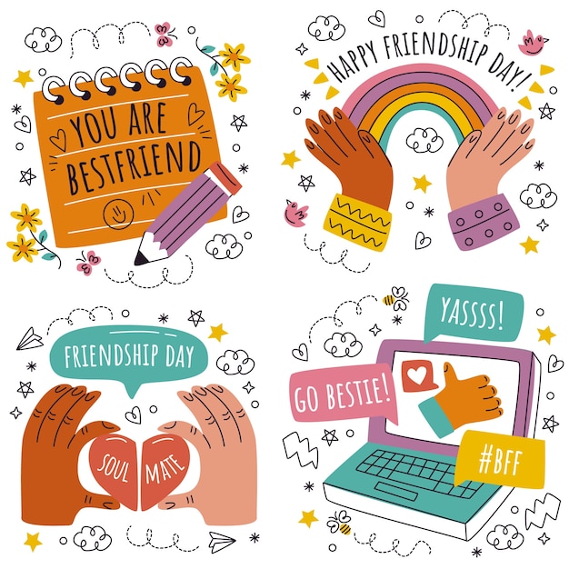 Free Vector hand drawn doodle friendship sticker set