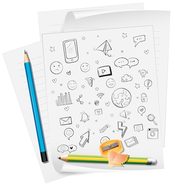 Free vector hand drawn doodle icons on paper with pencils