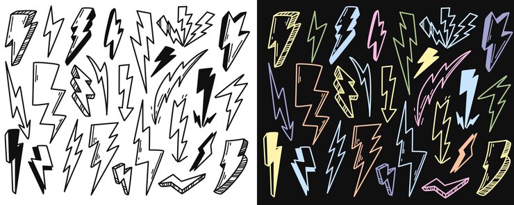 Free Vector hand drawn doodle lightning bolt signs set vector illustration different thunderbolts or electric di