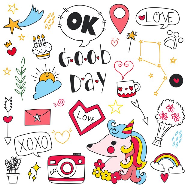 Hand drawn doodle set of objects and symbols of good day, birdsy day and decoration theme.