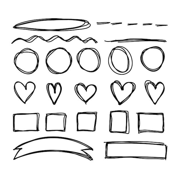 Vettore gratuito forme di doodle disegnate a mano con cuori, cerchi, cornici quadrate e nastri