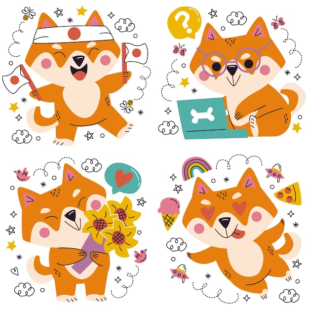 Hand drawn doodle shiba inu stickers collection