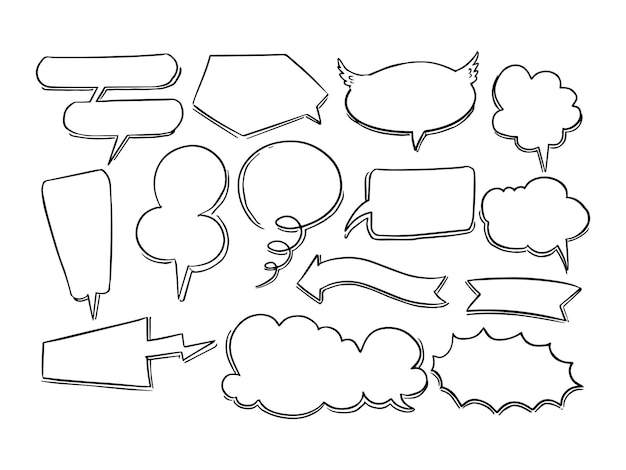 Collezione di disegni di scatole di chat a fumetti disegnati a mano in stile doodle