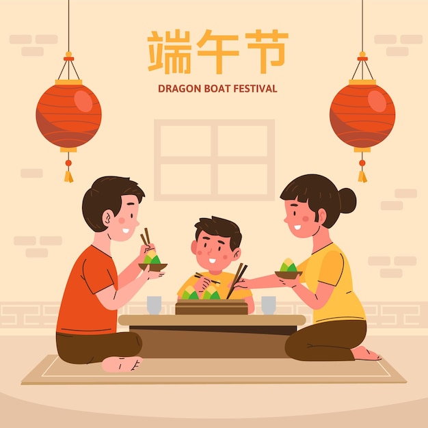 Hand drawn dragon boat family preparing and eating zongzi illustration