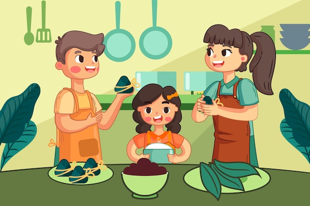 Hand drawn dragon boat family preparing and eating zongzi illustration