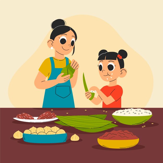 Hand drawn dragon boat family preparing and eating zongzi illustration