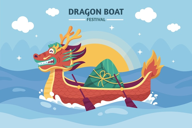 Нарисованная рукой иллюстрация лодки дракона