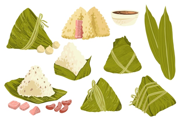 Free vector hand drawn dragon boat's zongzi collection