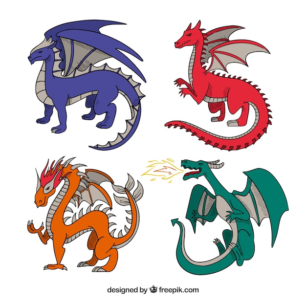 Free vector hand drawn dragon character collection