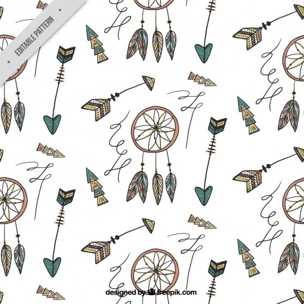 Hand drawn dreamcatcher and feathers pattern