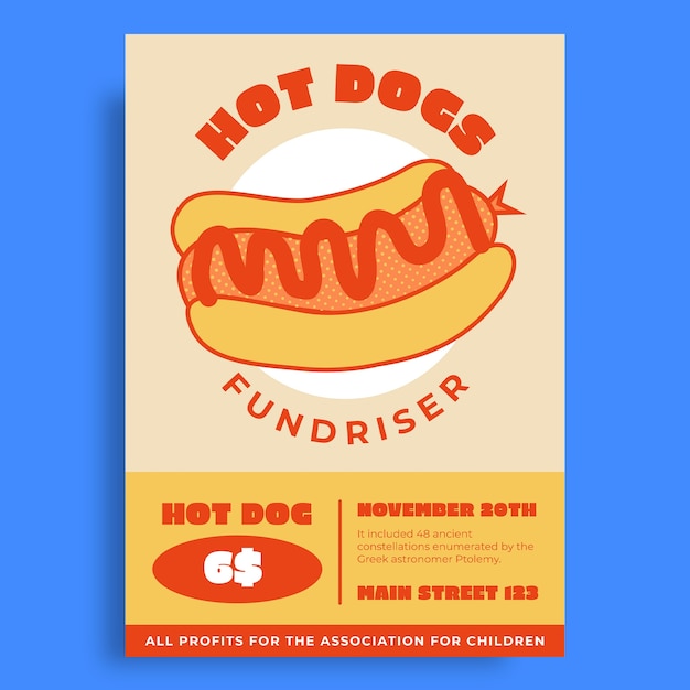 Hand-drawn duotone association for children hot dog fundraiser flyer template