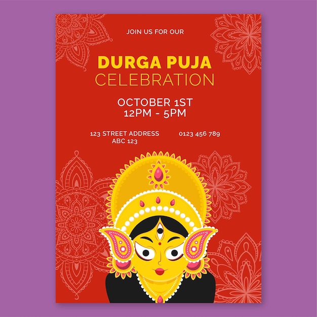 Vettore gratuito modello di poster verticale durga puja disegnato a mano