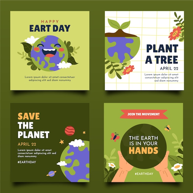 Free vector hand drawn earth day instagram posts collection