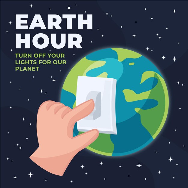 Нарисованная от руки иллюстрация часа земли с рукой выключателя света и планетой